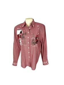 Vintage red gingham Christmas top button front Appliqués embroidery Deer snowman - Picture 1 of 10