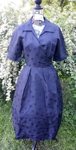 Vintage Pinup Rockabilly Swing Dark Navy Polka Dot Wrap Dress Handmade? - Picture 1 of 5