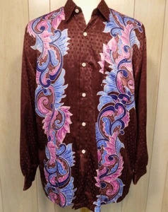 Retro Disco Night Club Polyester Mens Long Sleeve Collar Shirt XL  Burgundy - Picture 1 of 6
