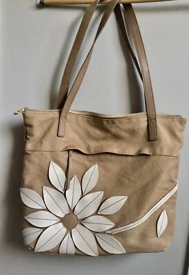 Bolso de Hombro Reliquia Bolso de Mano Beige Marrón Flor 16"x13"x3" Oh Feliz Día Foto 1 de 4