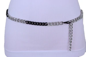 Women Black Silver Metal Chain Link Crisp Look Thin Band Belt Plus Size M L XL - Picture 1 of 12