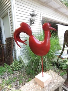 Large Red Rooster Inn Metal Art Sculpture Statue Stone Base Home/Garden Display - Picture 1 of 12
