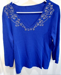 womens DARK BLUE V NECK SWEATER KNIT TOP gold stones design large NICE! - Picture 1 of 1