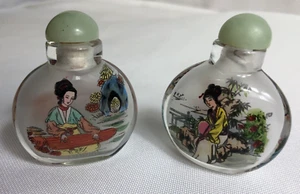 Pair of Asian Chinese Oriental Glass Snuff Bottles Women Two sided w/stoppers - Picture 1 of 11
