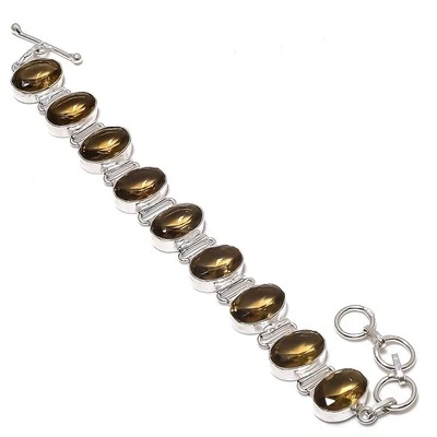 Smoky Quartz Gemstone Bracelet Oval Shape Handmade Adjustable Chain Jewelry 8" - Image 1 of 4