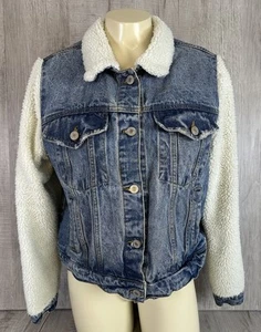 Forever 21 Jean Jacket Sherpa Sleeve Collared Button Up Coat Women’s Size.Large - Picture 1 of 19