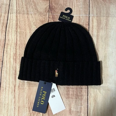 Polo Ralph Lauren Black Winter Fall Cuffed Wool Knit Beanie Hat Cap One Size NWT - Image 1 of 4
