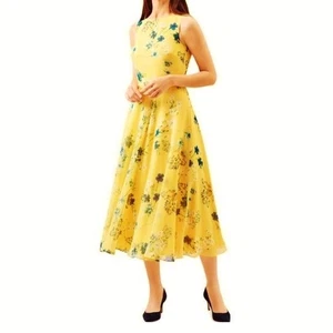HOBBS CARLY SHEER YELLOW BLUE FLORAL CHIFFON 50'S FLARE MIDI DRESS 12 TWICE £169 - Picture 1 of 15