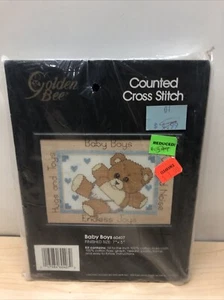 VTG Counted Cross Stitch Kit 60407 Golden Bee Baby Boys Teddy Bear 1990 USA 7x5 - Picture 1 of 3