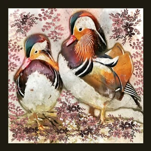 Mandarin Ducks 90cm x 90cm Floral Silk Scarf Hand Rolled Hems Brown Orange Black - Picture 1 of 8