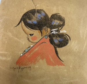Dibujo en pastel de Gerda Christoffersen niña nativa americana en terciopelo Mcm - Imagen 1 de 3