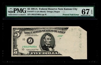 RARE Printed Fold Error 1981-A $5 Federal Reserve Note Kansas City PMG GEM 67EPQ - Image 1 of 2