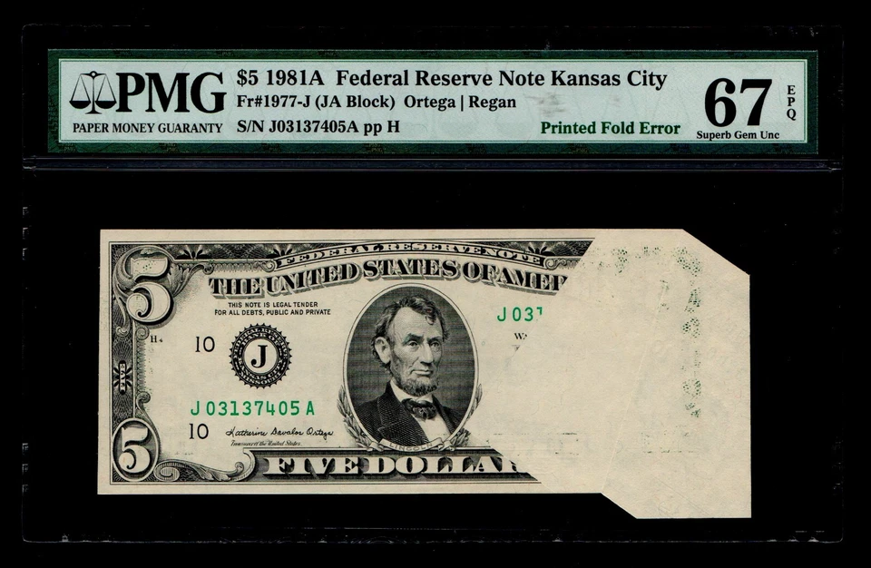 RARE Printed Fold Error 1981-A $5 Federal Reserve Note Kansas City PMG GEM 67EPQ - Image 1 of 2