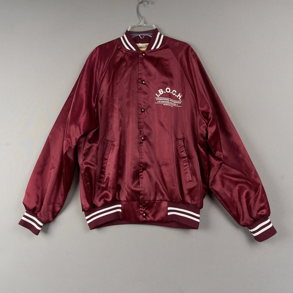 复古 Soffe 飞行员夹克 L 勃艮第缎面尼龙扣前鸡包 80 年代 — 第 1/4 张图片