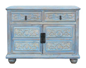 Oriental Floral Shabby Chic Rustic Light Blue High Credenza Cabinet cs1158 - Picture 1 of 7