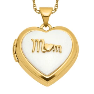 14K Solid Two Tone Gold Agate Mom Heart Photo Locket Necklace - Picture 1 of 12