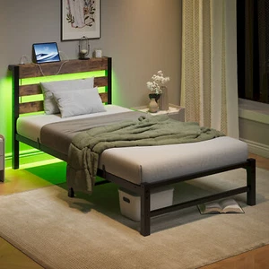 Metal Twin Size Bed Frame with LED/Headboard /USB Charging Station Slatted Brown - Picture 1 of 14