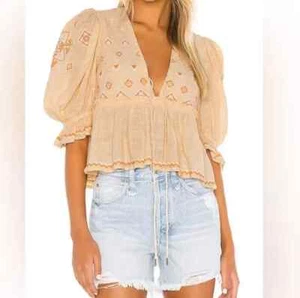 Free People Neu Damen Oversize M Puffärmel Bestickt Schößchen Oberteil - Bild 1 von 9