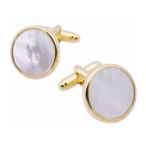 Gold Cufflinks Round Mother Of Pearl Stone High Quality Cuff Links Shirt Smart - Picture 1 of 4