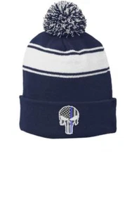 Thin Blue Line Skull Police Law American Flag BLUE Beanie Winter POM POM Hat - Picture 1 of 1