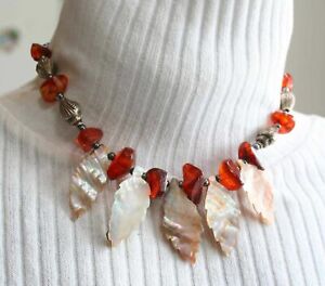 Judy Strobel Elegant Ancient Style Amber & Shell Necklace 17"