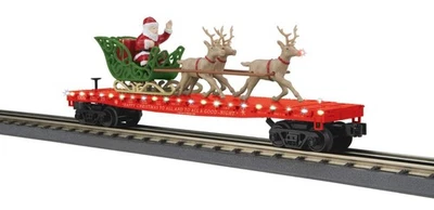 MTH O Gauge RailKing Red Flat Car LED Lights Santa Sleigh Reindeer New In Box - Image 1 of 2