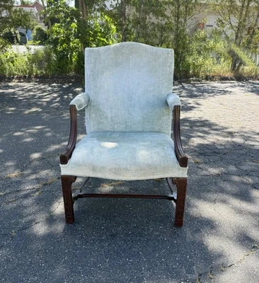 19thc Chinese Chippendale style upholstered mahogany library arm chair carved - Image 1 of 4