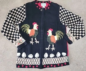 Vintage Quacker Factory Rooster Farm Zip Cardigan Small FREE SHIPPING - Picture 1 of 9