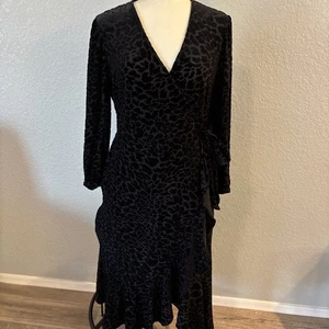 Calvin Klein Animal Print Burnout Velvet Black Faux Wrap Midi Dress Sz 14 - Picture 1 of 7