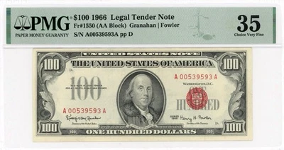 Billete de 100 dólares Red Seal 1966 - Fr. 1500 - PMG 35 - Buen color. Foto 1 de 2