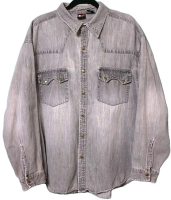 Camisa vaquera vintage Bugle Boy 2XL envejecida descolorida acero aplastado diente de sierra a presión  Foto 1 de 4