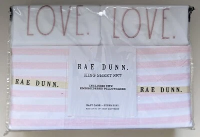 Rae Dunn King Sheet Set Pink Stripes Love Embroidered Pillowcases No Bad Days - Image 1 of 4