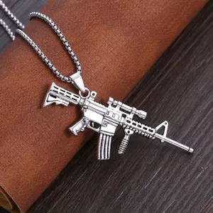 For Men Silver Submachine Gun Pendant Necklace Chain Punk Rock Jewelry Gift - Picture 1 of 4