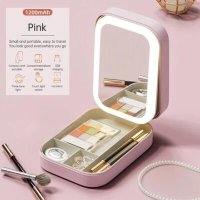 Portable Makeup Storage Box& LED Light Mirror Travel Cosmetics Jewelry Organizer - Image 1 of 4