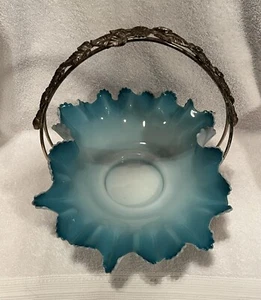 Fenton Bride’s Basket 1800s Blue to White Ruffled Scalloped Antique - Picture 1 of 16
