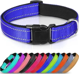 Reflective Neoprene Adjustable Padded Nylon Dog Collar in 12 Colours & 5 Sizes - Picture 1 of 17