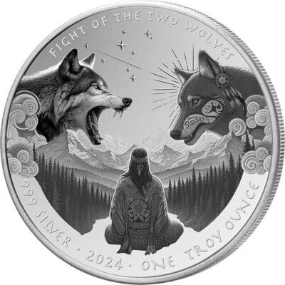 2024 USA Oglala Lakota Wolf Silver Coin 1 Oz Proof Wolves Fight $1 Wildlife WWF - Image 1 of 4
