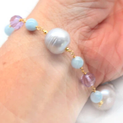 Gemstone Gray Pearl, Amethyst & Aquamarine 925 Silver 18K Gold Bracelet 7.5" - Image 1 of 4