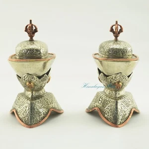 White Metal Kapala Ritual Cup Set for Tibetan Buddhist Monastery Shrine Nepal - Picture 1 of 6
