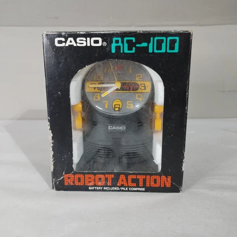 VINTAGE CASIO AC-100 ROBOT ALARM CLOCK BLACK WITH GRAY FACE JAPAN Cover