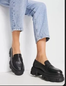 ASOS Messina Wide Chunky Loafers Black Soft Real Leather US Size 9 Uk Size 7 NEW - Picture 1 of 14
