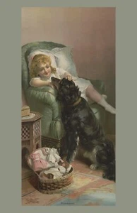 9663.Deko Poster.Zimmer Wandbild.Wohneinrichtung.Viktorianischer Hund und Mädchen - Bild 1 von 1