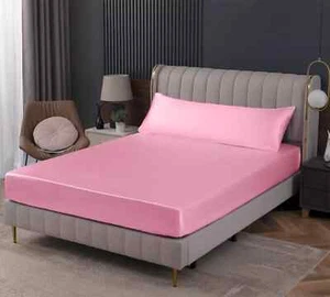 Pink Satin Fitted Sheet Queen Size Fitted Bed Sheet, Deep Pocket Fitted Sheet On - Picture 1 of 7