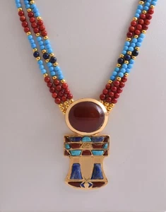 Collar Pilar Djed Egipcio - Incrustaciones de Cornelia, Lapislázuli y Turquesa Chapado en Oro 24k - Imagen 1 de 7