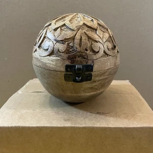 Rustic Carved Wooden Round Sphere Hinged Trinket Box Boho Earthy 5” - Picture 1 of 8