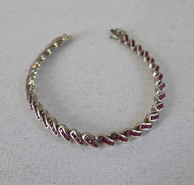 Genuine RUBY & Sterling Silver 925 Link Tennis Bracelet, 7.5" x 1/4", 15.1 Grams - Image 1 of 4