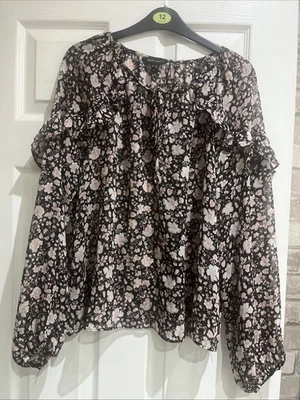 New Look Floral Chiffon Long Sleeve  Blouse Size 14 Black And Pink - Image 1 of 3