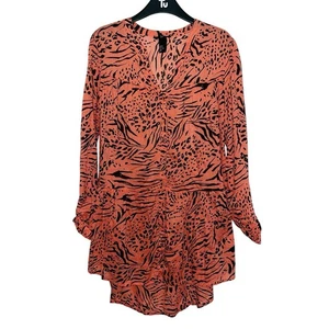 H&M Women's Size UK 14 Long Sleeved Blouse Top Coral Leopard Print Roll Tab - Picture 1 of 16