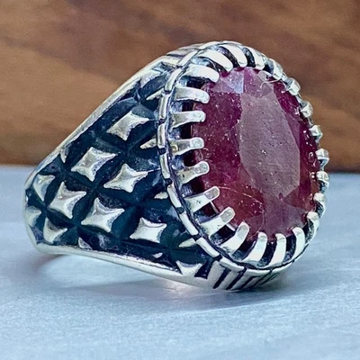unique 925 Silver Men's Ring natural red ruby yaqoot stone خاتم ياقوت طبيعي - Image 1 of 4