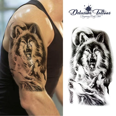 DELUSION TATTOOS WOLF TEMPORÄRES TATTOO KÖRPERKUNST HERREN, DAMEN, AUFKLEBEN TATTOO HEULENDE WÖLFE